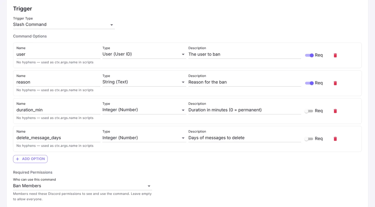 The trigger editor for the ban command, showing four typed slash-command options and a required-permissions selector.
