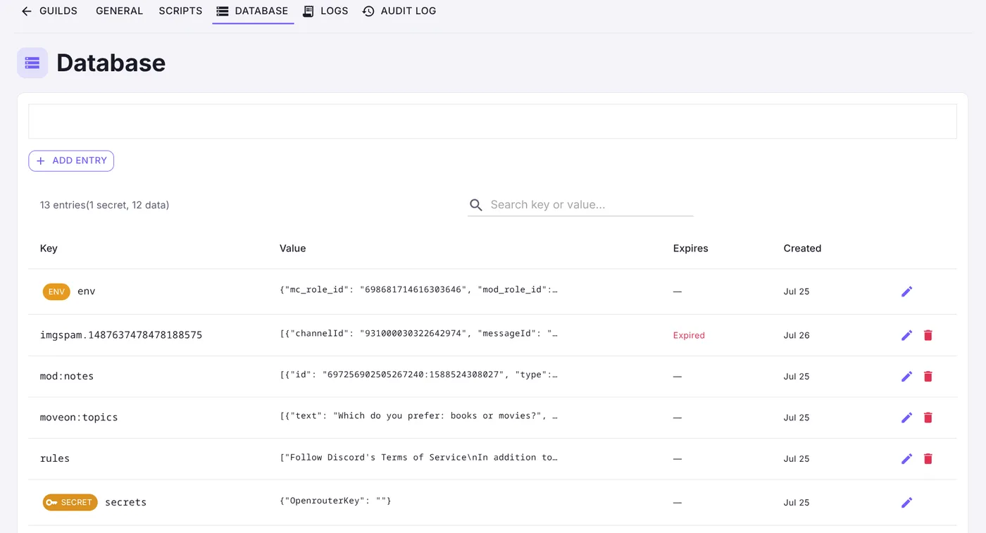 The dashboard database page listing key-value entries for a guild, including env and secret rows.