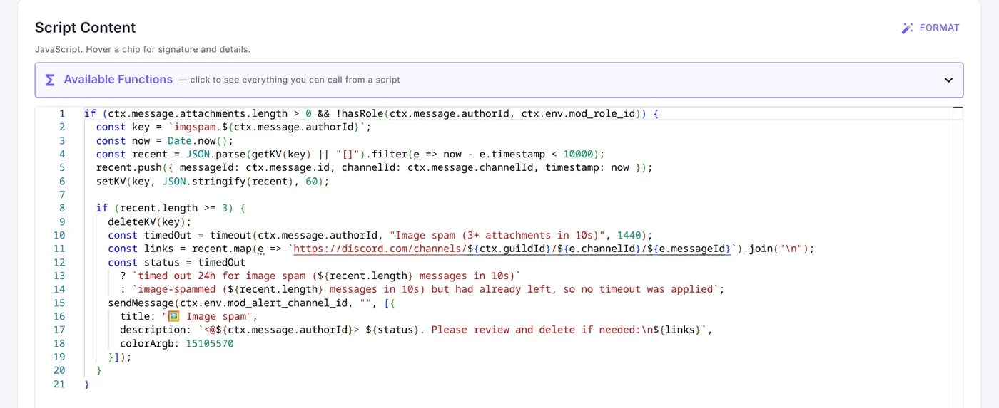 The Mallard dashboard script editor showing the image-spam script, with an Available Functions reference above the code.